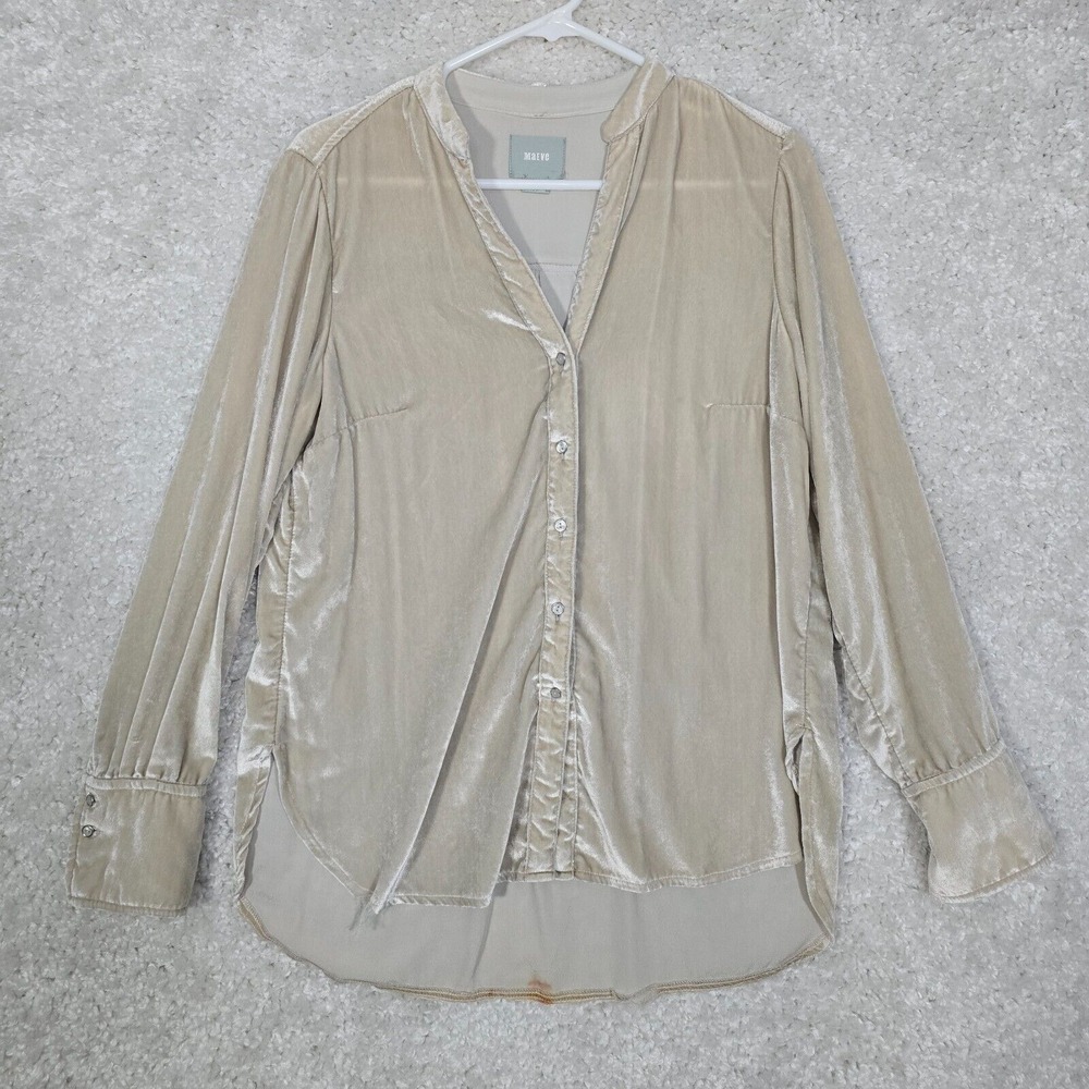Maeve Womens Crushed Velvet Button Up‎ Blouse Beige Size 6 Romantic Boho